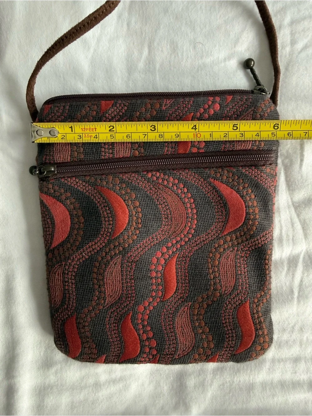 Maruca Sparrow Crossbody Bag Purse Made In Boulder, CO Red Black Swirl Pockets